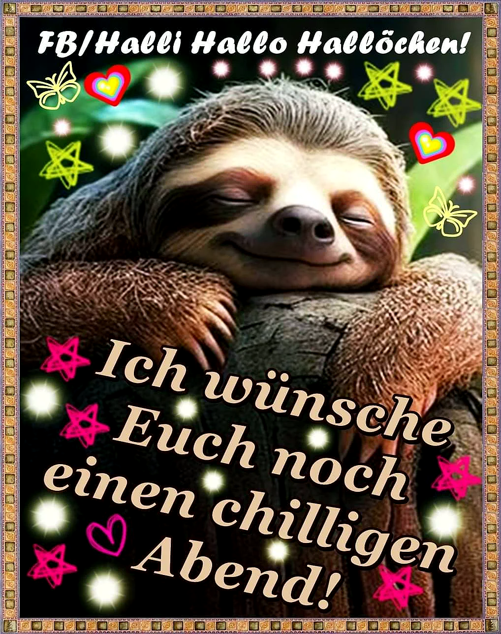 Ein Faultier liegt auf einem Ast, umgeben von Blättern und dekorativen Sternen und Herzen, mit geschlossenen Augen und einem friedlichen Gesichtsausdruck.