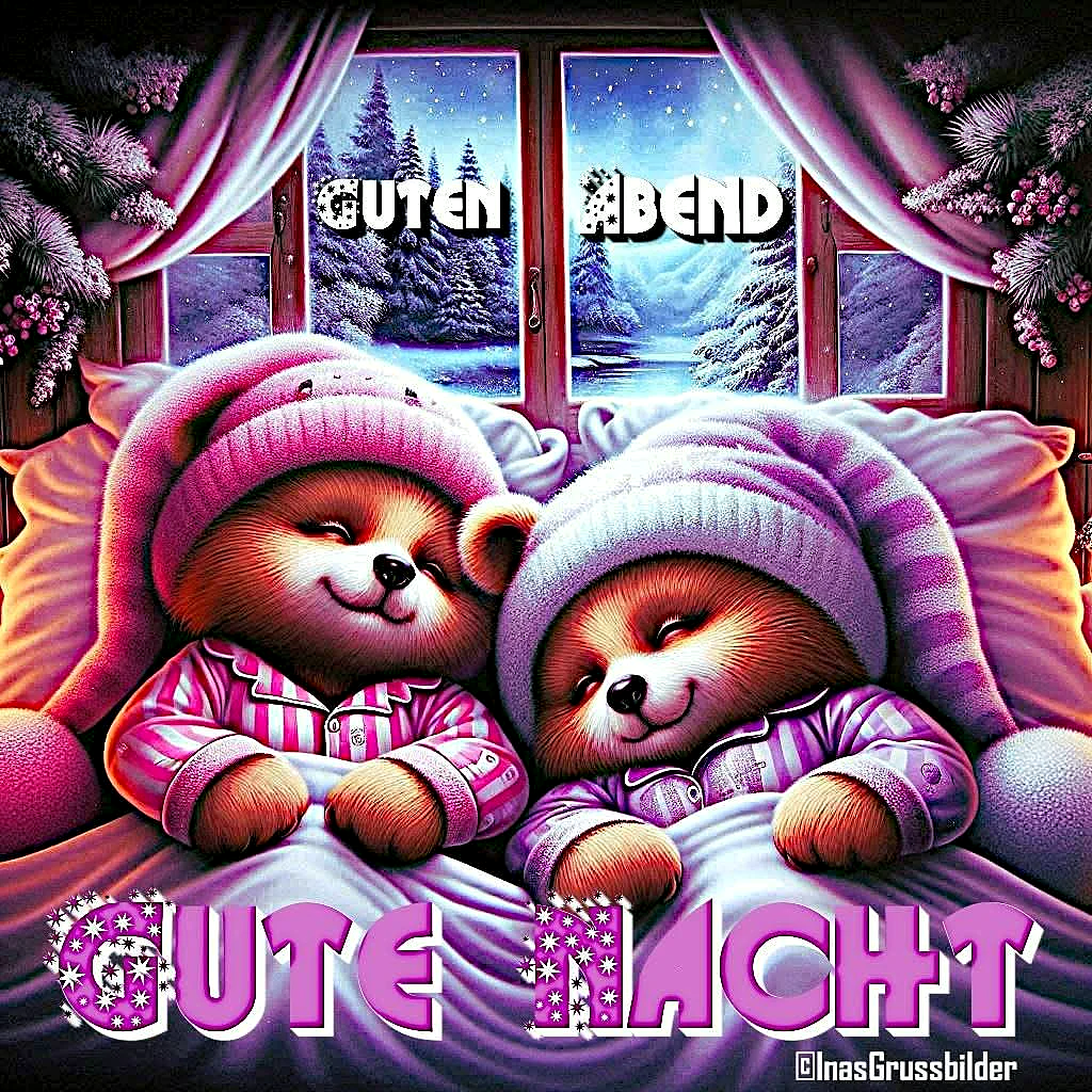 Zwei kuschelige Teddybären in pinken und lila Pyjamas und Schlafmützen liegen friedlich in einem weichen Bett. Draußen am Fenster ist eine verschneite Winterlandschaft mit Tannenbäumen und Sternen in der dunkelblauen Nacht zu sehen. Die Szene vermittelt eine warme, gemütliche Gute-Nacht-Stimmung.