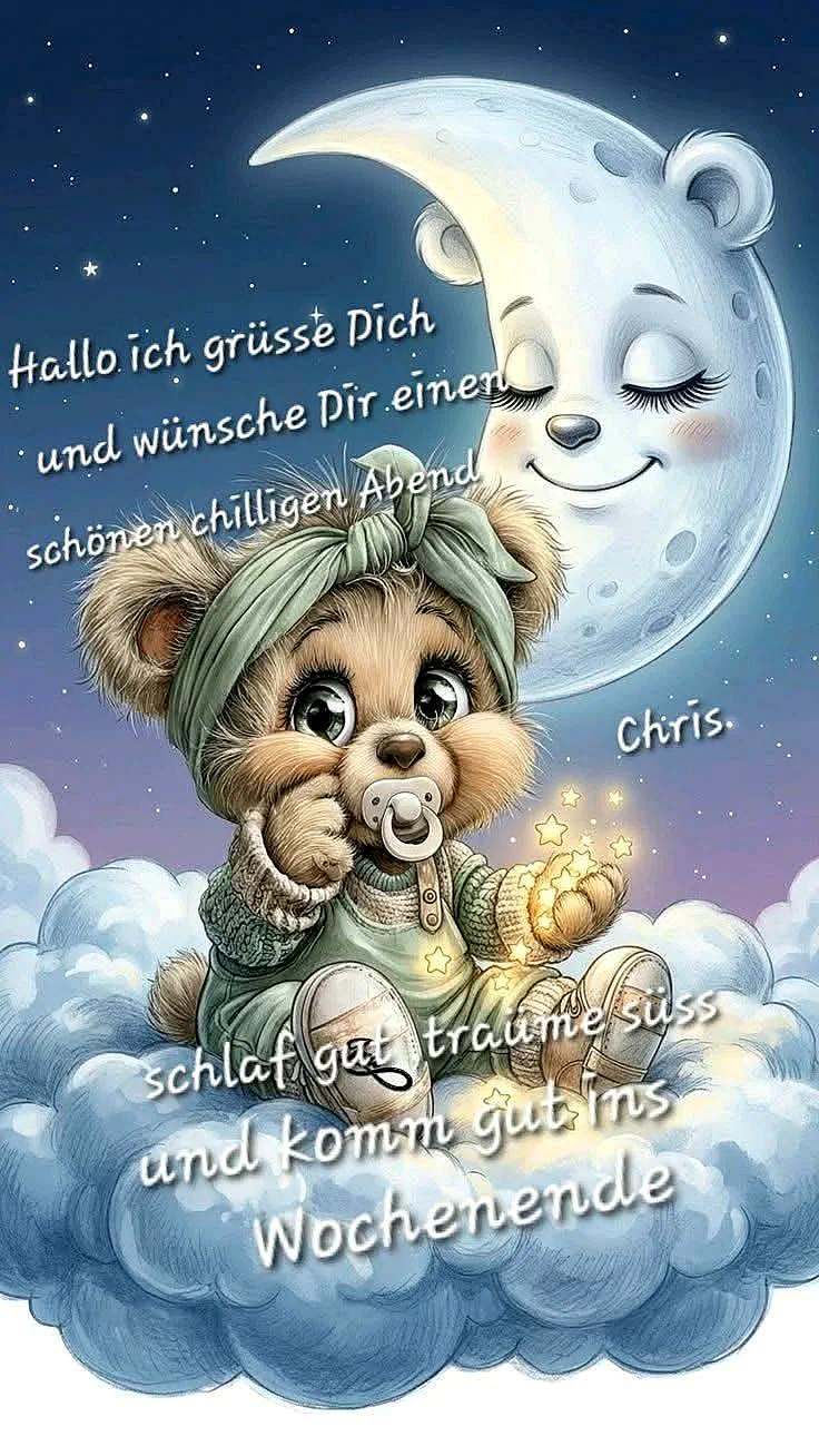 Ein süßer Teddybär mit Schnuller sitzt auf Wolken unter einem lächelnden Mond und Sternen. Er hält leuchtende Sterne und überbringt liebevolle Gute-Nacht-Wünsche für süße Träume und ein erholsames Wochenende.