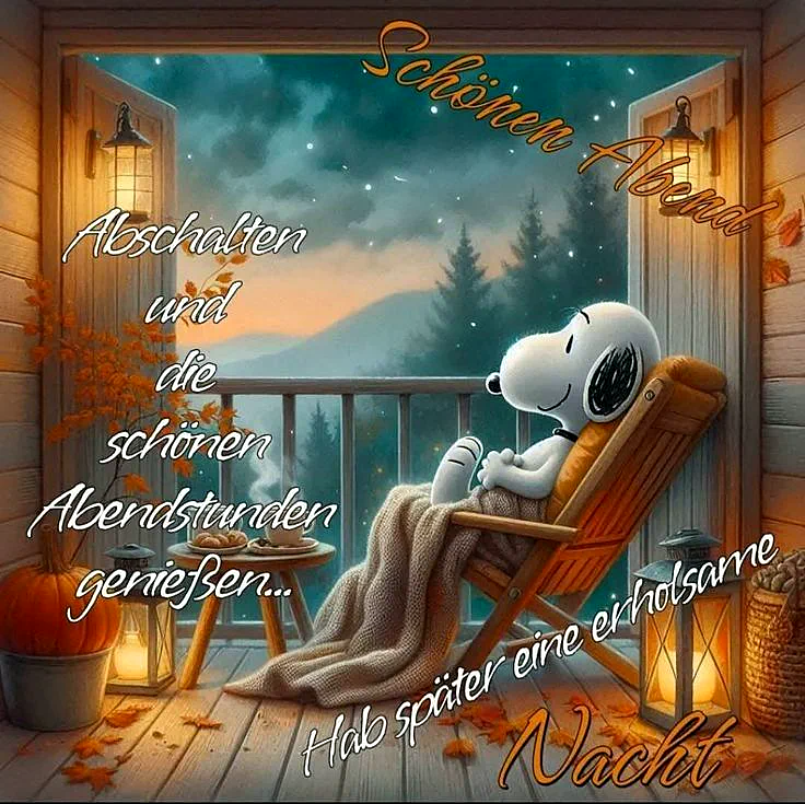 Gute Nacht Bilder: Snoopy genießt den Abend – Entspannung pur