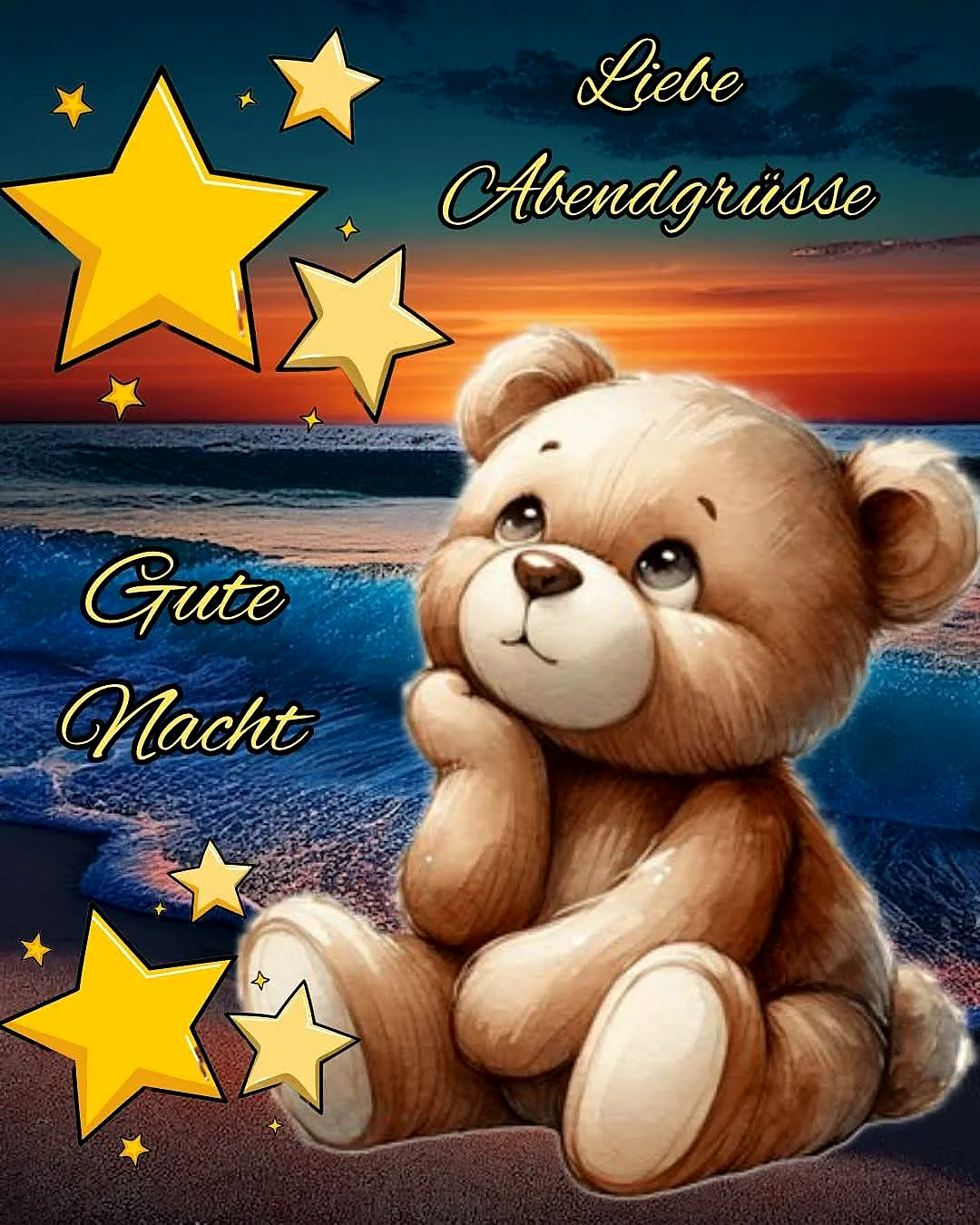 Gute Nacht Bilder - Süßer Teddybär am Strand