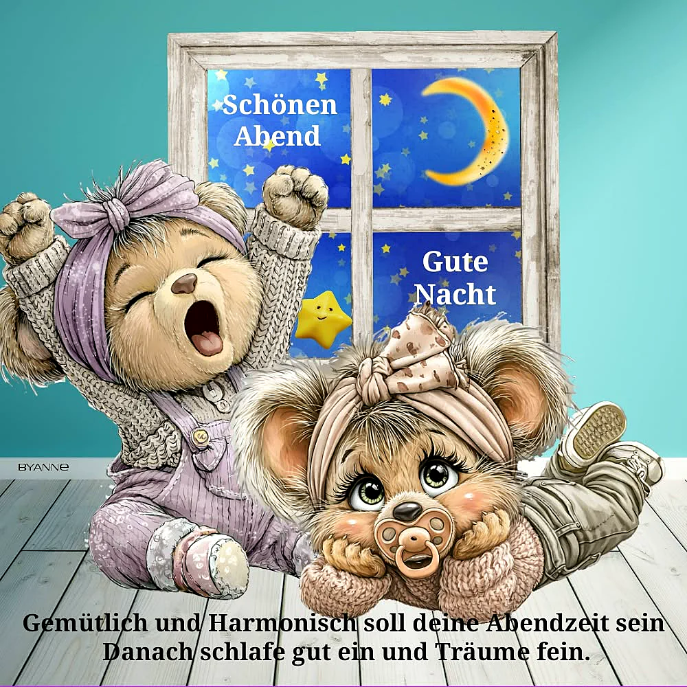 Zwei süße Zeichentrick-Bären vor einem nächtlichen Sternenhimmel, einer gähnt herzhaft, der andere liegt mit Schnuller entspannt. Ein Gute-Nacht-Grußbild für Freunde, das zum Träumen einlädt.