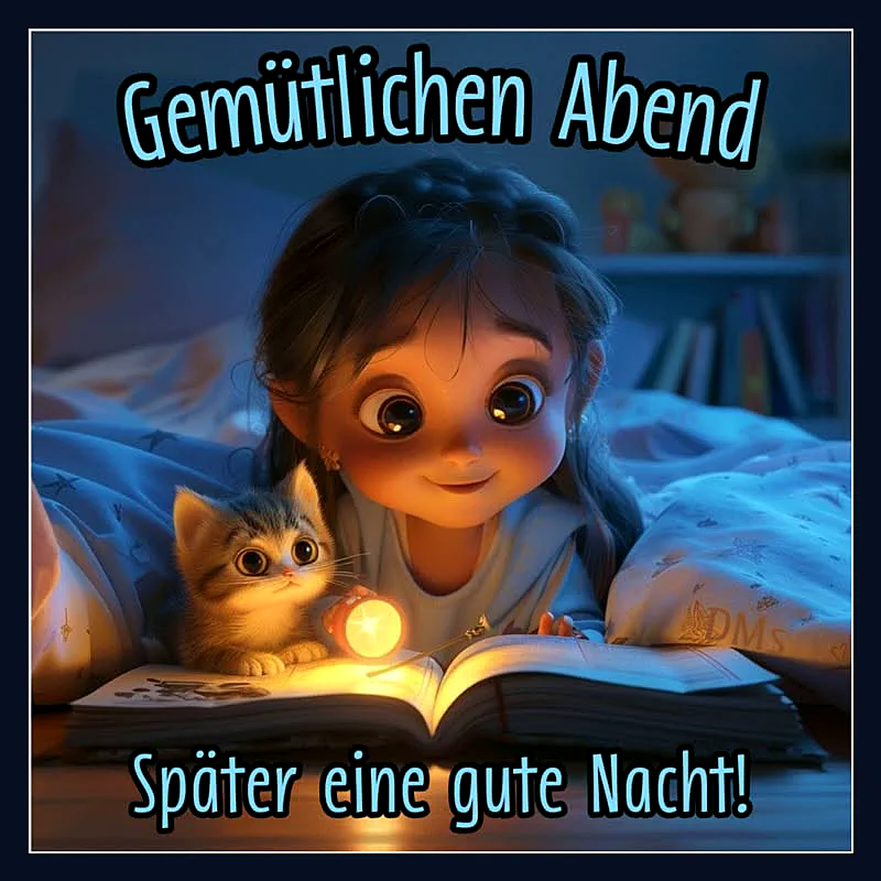Gute Nacht Grüße: Gemütlicher Abend mit Katze und Buch für süße Träume