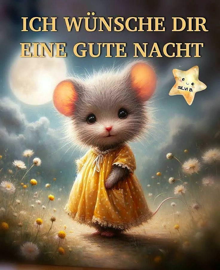 Niedliche Maus in gelbem Pünktchenkleid auf Blumenwiese in der Nacht. Ein großer, leuchtender Mond und ein kleiner Stern sind am Himmel sichtbar. Die Szene vermittelt eine ruhige und liebevolle Gute-Nacht-Stimmung.