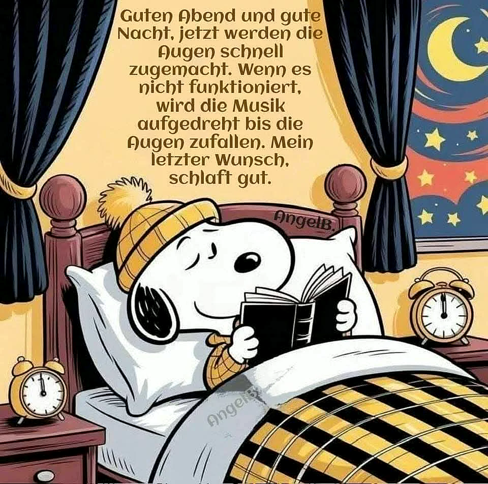 Gute Nacht Gruß: Snoopy liest und schickt süße Träume für himmlische Ruh