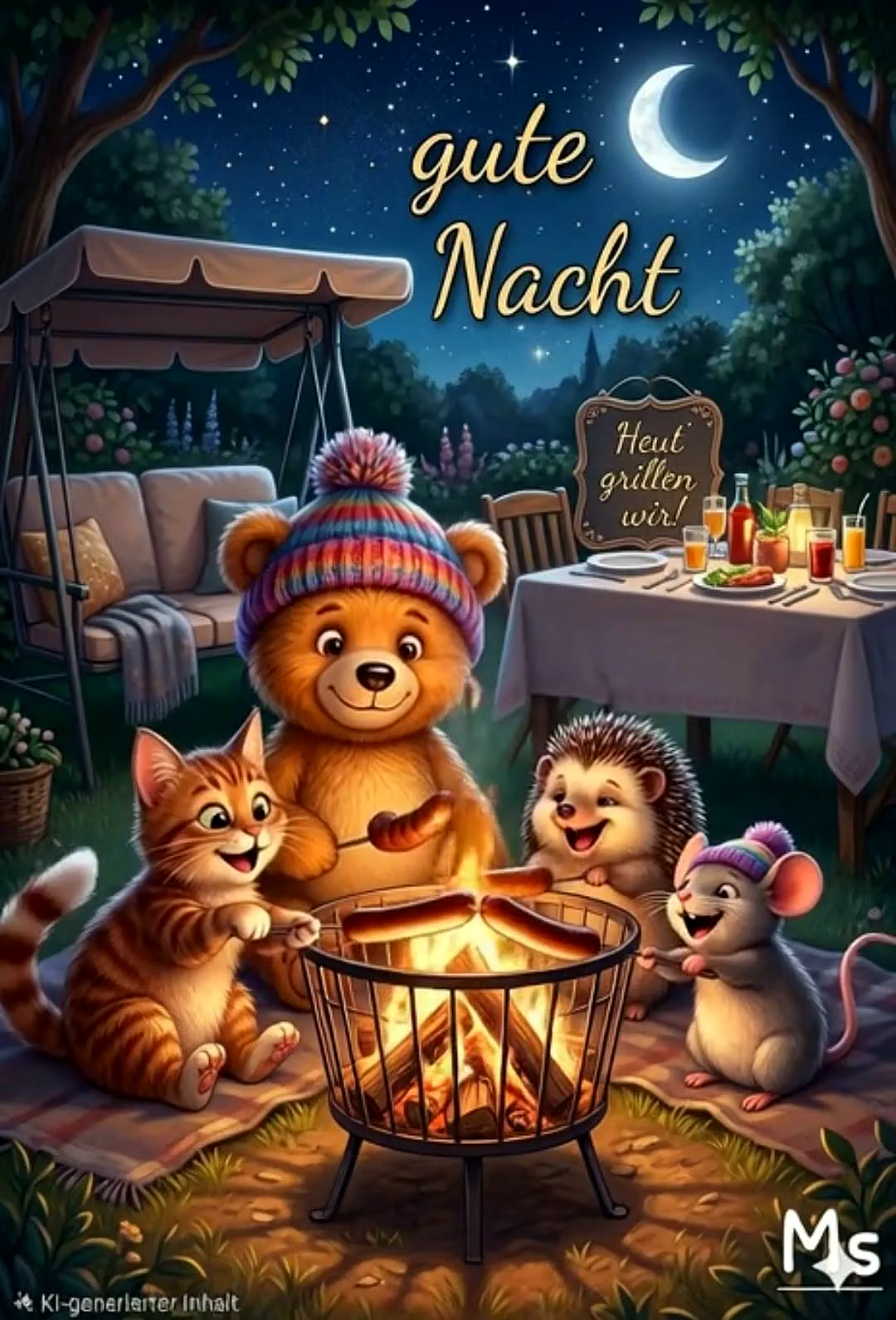 Gute Nacht Gruß: Wenn Freunde unter Sternen grillen und die Welt zur Ruhe kommt