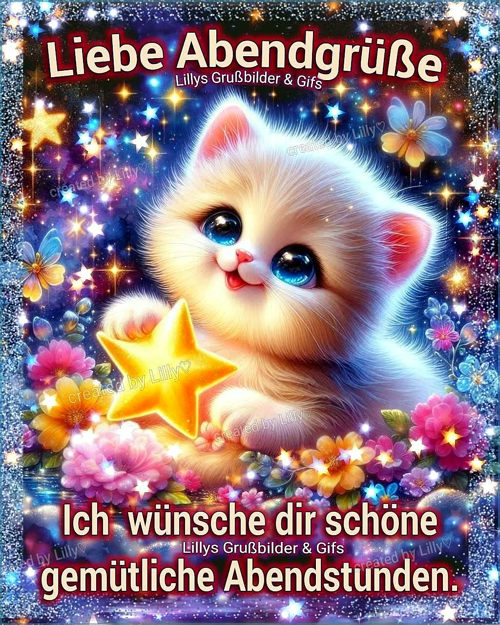 Herzliche Abendgrüße: Ein flauschiges Kätzchen wünscht gemütliche Nachtruhe