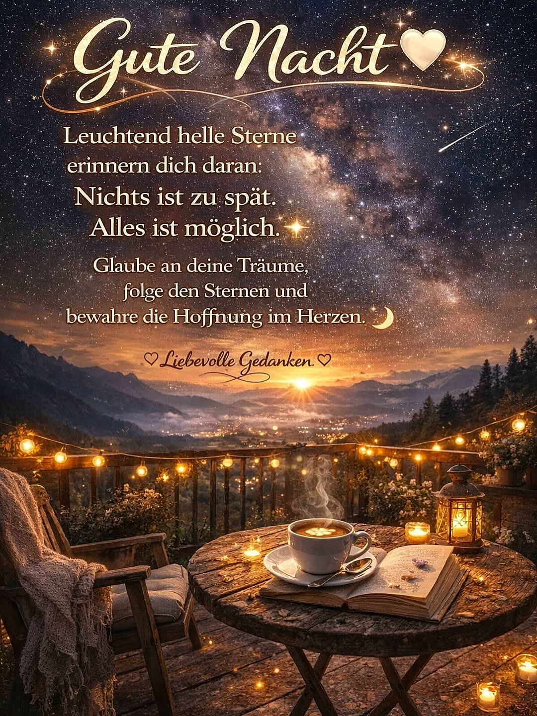 Balkon bei Nacht mit dampfender Tasse, offenem Buch und leuchtenden Lichterketten. Unter einem sternklaren Himmel über einer Berglandschaft und funkelnden Stadtlichtern verbreitet die Szene eine warme, hoffnungsvolle und friedliche Stimmung.
