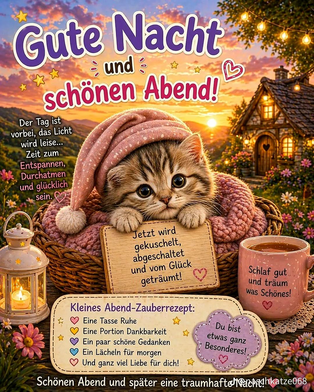 Ein niedliches Kätzchen in rosa Schlafkleidung hält ein Gute-Nacht-Schild im Korb. Ein Märchenhaus und Lichterketten erleuchten den Abend. Die Szene ist kuschelig und träumerisch.