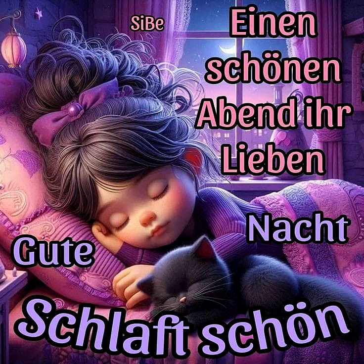 Süße Gute Nacht Grüße mit Katze und Mädchen