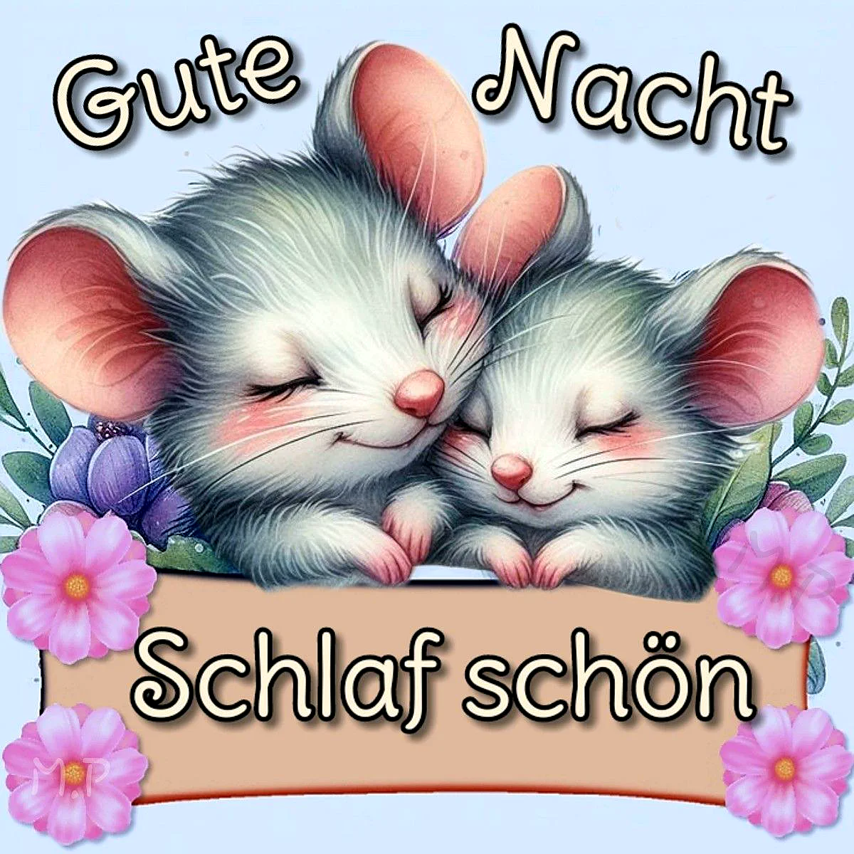 Süße Gute Nacht: Kuschel-Mäuse wünschen liebevolle Träume.
