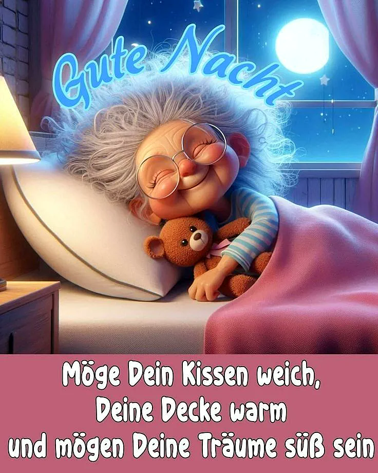 Eine friedlich schlafende Cartoon-Figur mit Brille umarmt einen Teddybären unter einer pinken Decke. Der helle Vollmond leuchtet durchs Fenster am sternenklaren Nachthimmel. Es ist eine herzerwärmende Gute-Nacht-Szene voller Geborgenheit.