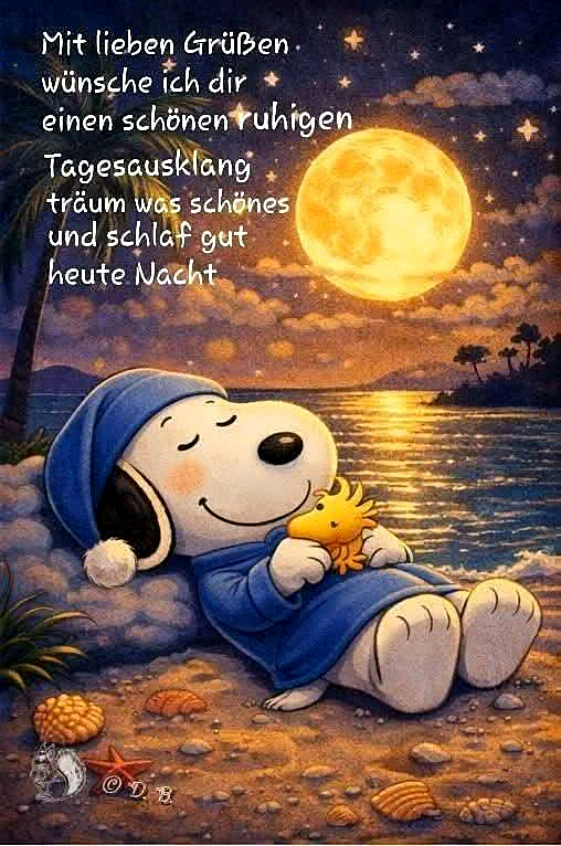 Süße Träume am Meeresstrand: Ein gemütlicher Gute Nacht Gruß mit Snoopy