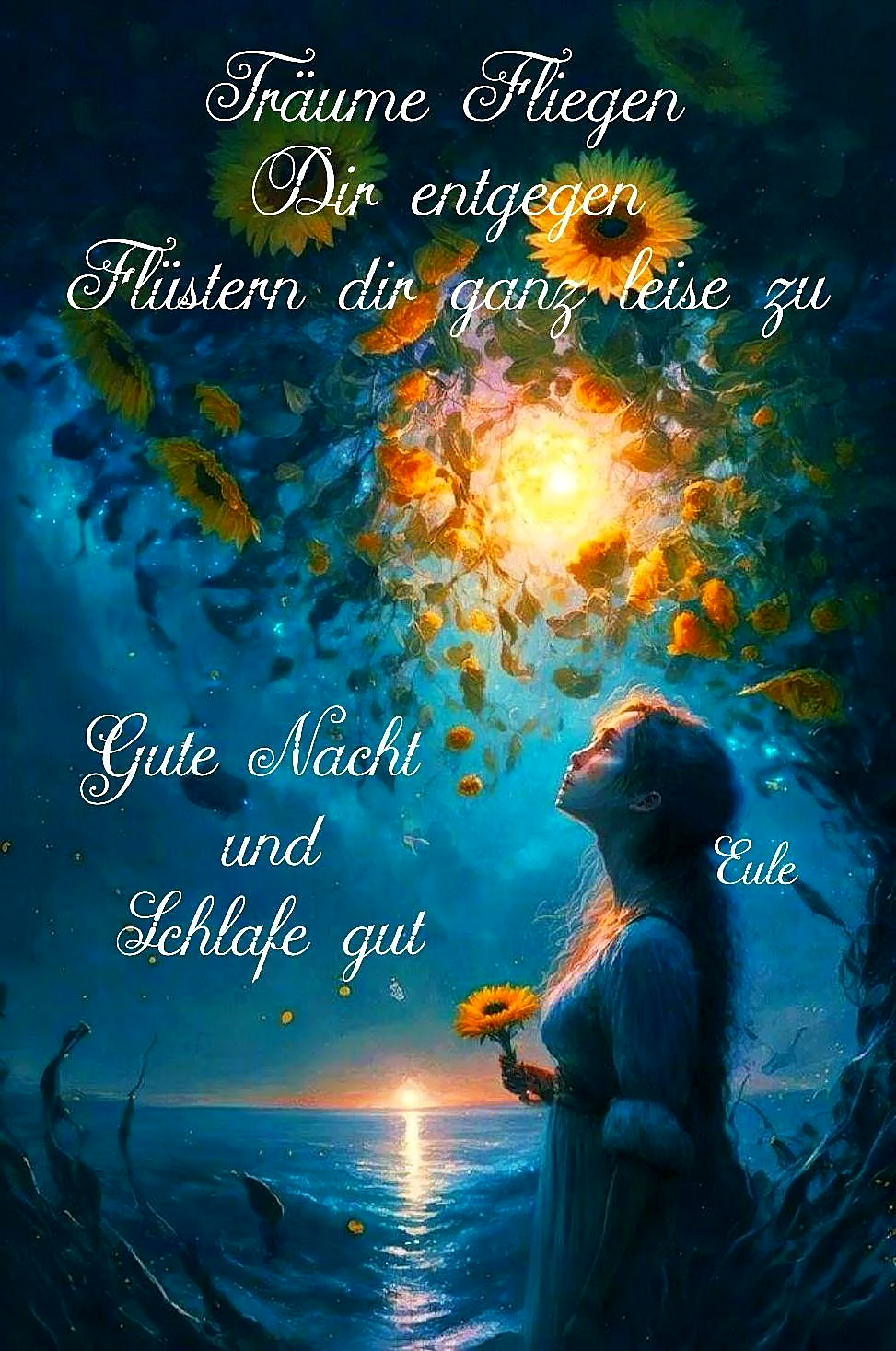 Eine verträumte Frau am ruhigen Meer hält eine Sonnenblume und blickt zu einem magisch leuchtenden Nachthimmel. Goldene Blüten schweben herab, umgeben von tiefblauen und mystischen Farben. Eine friedvolle, surreale Szene für süße Träume.