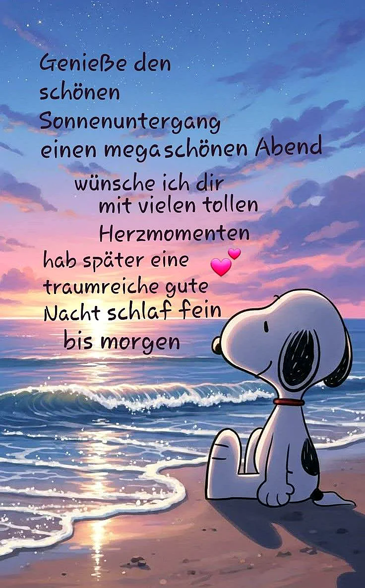 Traumhafte Gute Nacht Bilder: Snoopy und ein gemütlicher Abendgruß am Meer