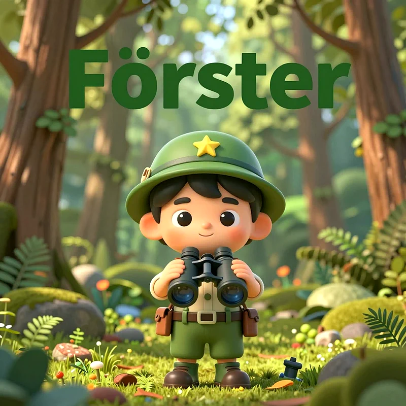 Ein charmanter kleiner Cartoon-Junge im Förster-Outfit mit grünem Hut, der ein gelbes Sternabzeichen trägt. Er hält ein Fernglas in den Händen und steht lächelnd in einem sonnigen, lebendigen Wald mit üppiger Vegetation.