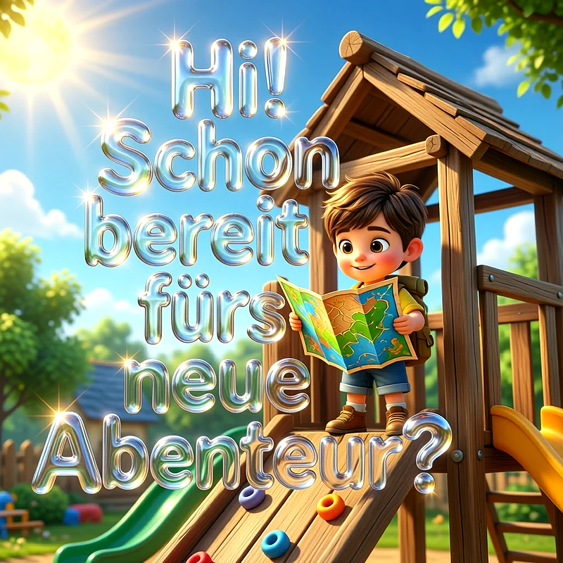Ein fröhlicher Cartoon-Junge mit Rucksack steht auf einem Holz-Klettergerüst und liest eine bunte Weltkarte. Große glänzende Buchstaben daneben fragen: "Hi! Schon bereit fürs neue Abenteuer?" Eine sonnige, grüne Szene.