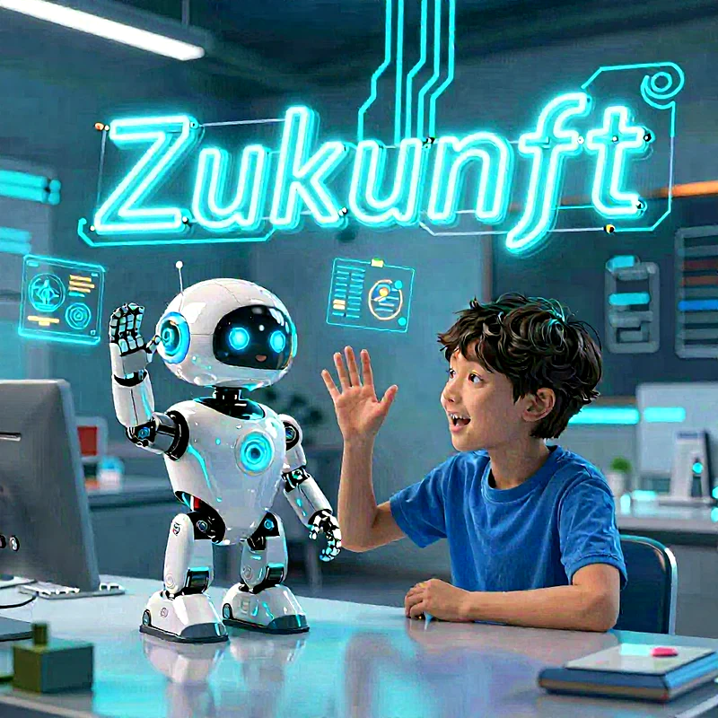 Ein kleiner Junge mit lockigen Haaren und blauem T-Shirt sitzt an einem Schreibtisch und winkt einem freundlichen, weißen Roboter zu. Im Hintergrund leuchtet das Neonwort 'Zukunft', umgeben von digitalen Elementen, die eine moderne Lernumgebung andeuten.