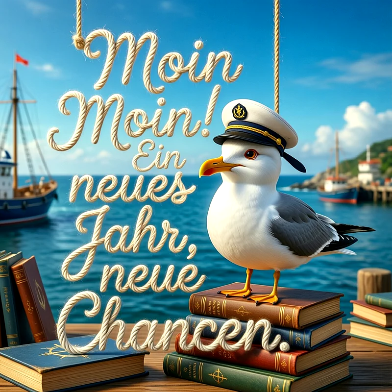 Eine freundliche, cartoonartige Möwe mit Matrosenmütze balanciert auf einem Stapel alter Bücher. Im Hintergrund sind ein blauer Ozean mit Segelbooten und ein Hafen unter strahlendem Himmel zu sehen. Der Text in Seil-Optik lautet: "Moin Moin! Ein neues Jahr, neue Chancen."