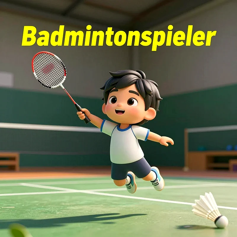 3D animierter Junge in Turnhalle spielt BegeisterungBadminton mit Schläger. Weißes T-Shirt mit blauen Akzenten sitzend dunkelblue Shorts und Sneaker. Kind hält Begeisterung hält Badmintonschläger hält schwingt. Federball liegt auf grünenLinienmarkierten Boden. Innenhalle mit Bank und Schrank im Hintergrund. Fröhliches Gesichtsausdruck mit großen Augen und lächelt Mund. Cartoon-Style Illustration für Schulkinder.