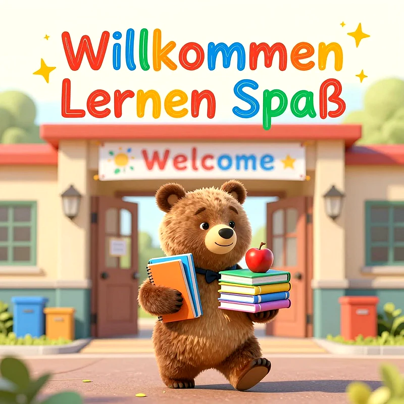 Ein süßer brauner Cartoon-Bär trägt Bücher und einen roten Apfel vor einem Schulgebäude mit "Welcome"-Banner. Oben steht "Willkommen Lernen Spaß" in bunten Buchstaben.