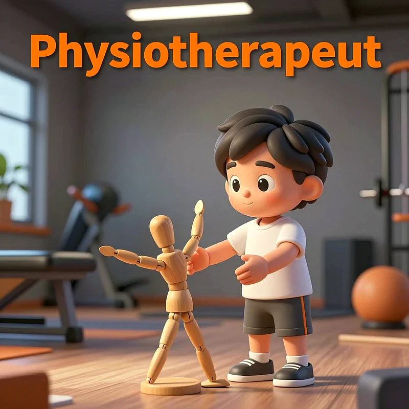 Ein lächelnder Zeichentrickjunge verstellt in einem Fitnessstudio eine hölzerne Gliederpuppe. Er trägt ein weißes T-Shirt und dunkle Shorts. Sportgeräte im Hintergrund. Darüber der Text 'Physiotherapeut'. Eine Szene zum Lernen über Berufe.