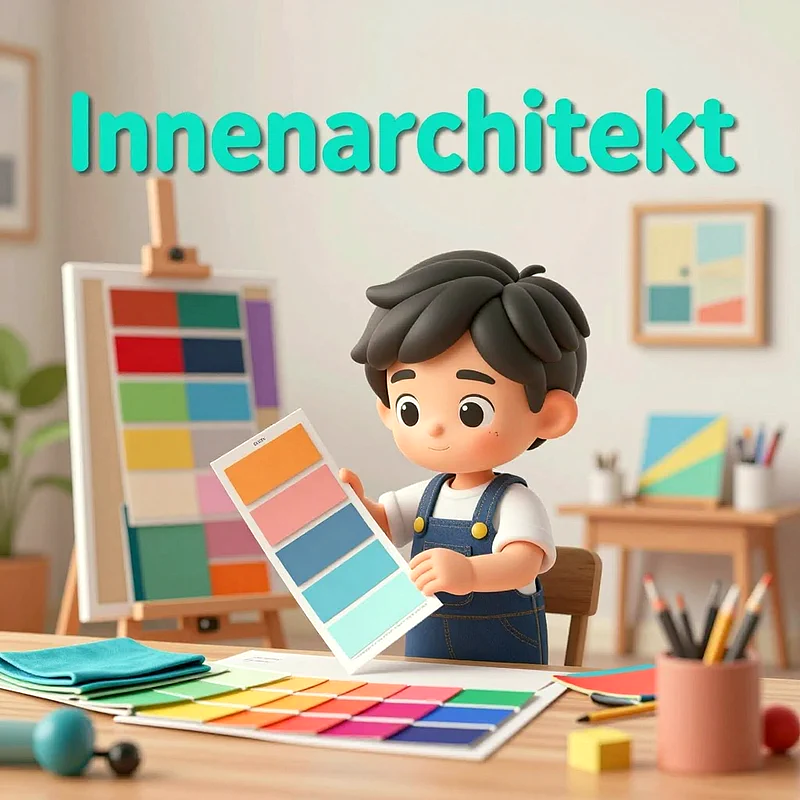 Ein süßes 3D-Cartoon-Kind in Latzhosen hält eine Farbpalette. Bunte Farbmuster und Stifte liegen auf dem Tisch, ein Zeichenbrett im Hintergrund. Der Text „Innenarchitekt“ schwebt oben.