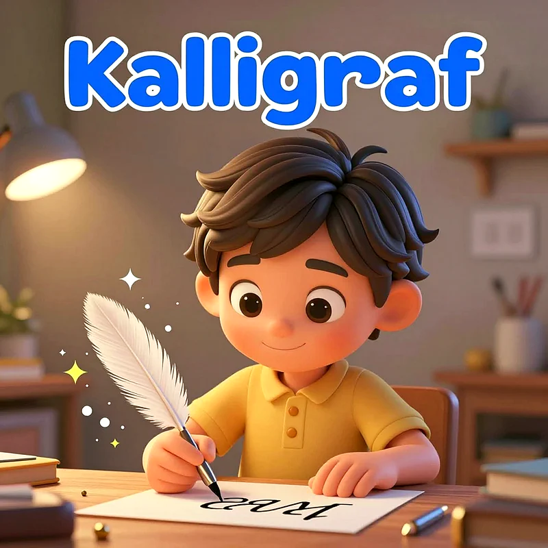 Ein charmanter 3D-Cartoon-Junge mit braunen Haaren, gelbem Hemd, sitzt an einem Holzschreibtisch. Er schreibt mit einer weißen Feder auf Papier. Eine leuchtende Lampe erzeugt eine warme Lernatmosphäre.