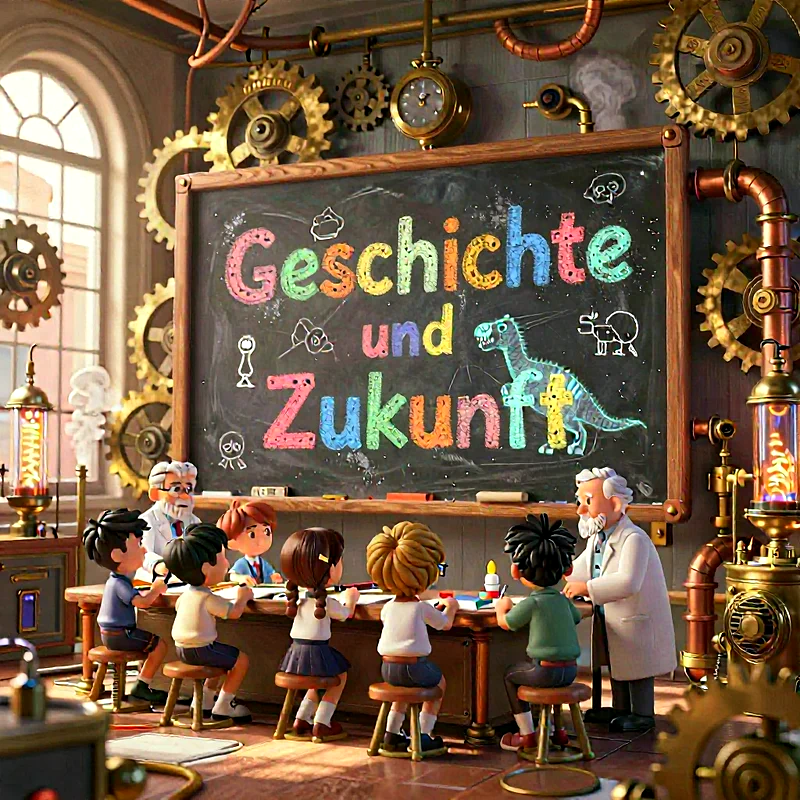 Eine cartoonartige Darstellung eines Klassenzimmers mit Steampunk-Elementen. Ein älterer Lehrer und sechs Schulkinder sitzen an einem Tisch. An der großen Tafel steht 'Geschichte und Zukunft' in bunten Buchstaben, umgeben von Kreidezeichnungen wie einem Dinosaurier und Höhlenmenschen. Die Szene ist hell beleuchtet.