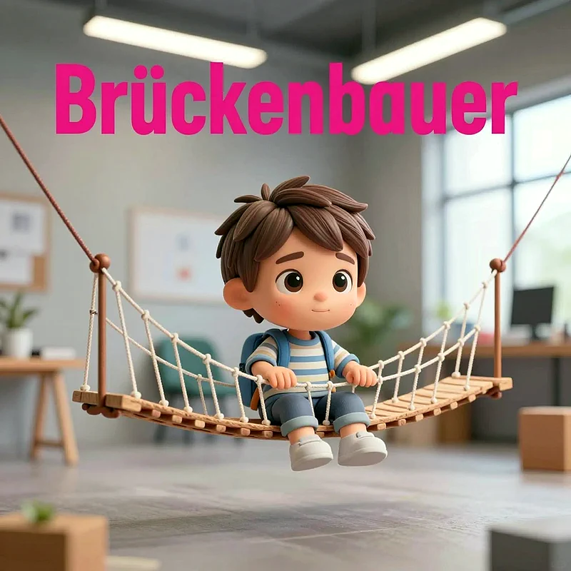 Ein animierter Junge mit braunen Haaren sitzt entspannt auf einer kleinen hölzernen Hängebrücke im hellen Klassenzimmer. Über ihm erscheint in leuchtend pink die Aufschrift Brückenbauer. Der Raum wirkt freundlich mit großen Fenstern und Lernmaterialien.