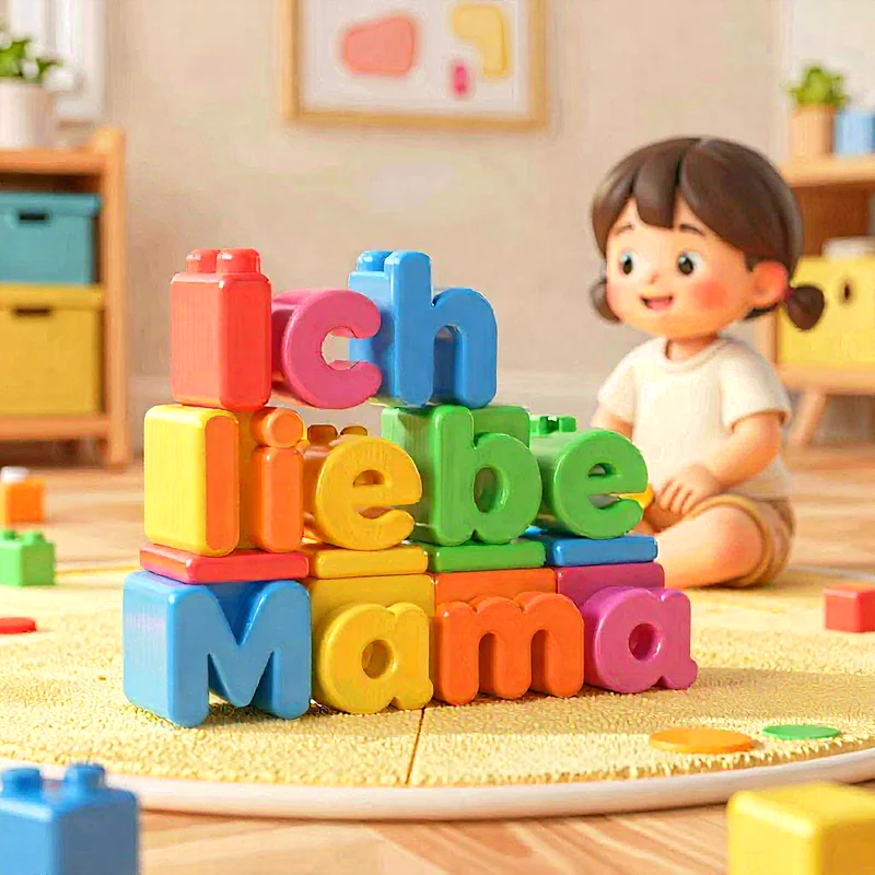 Ein süßes Mädchen sitzt auf einem gelben Teppich, während bunte Bauklötze das Wort 'Ich liebe Mama' bilden, was emotionalen Lernbeginn symbolisiert.