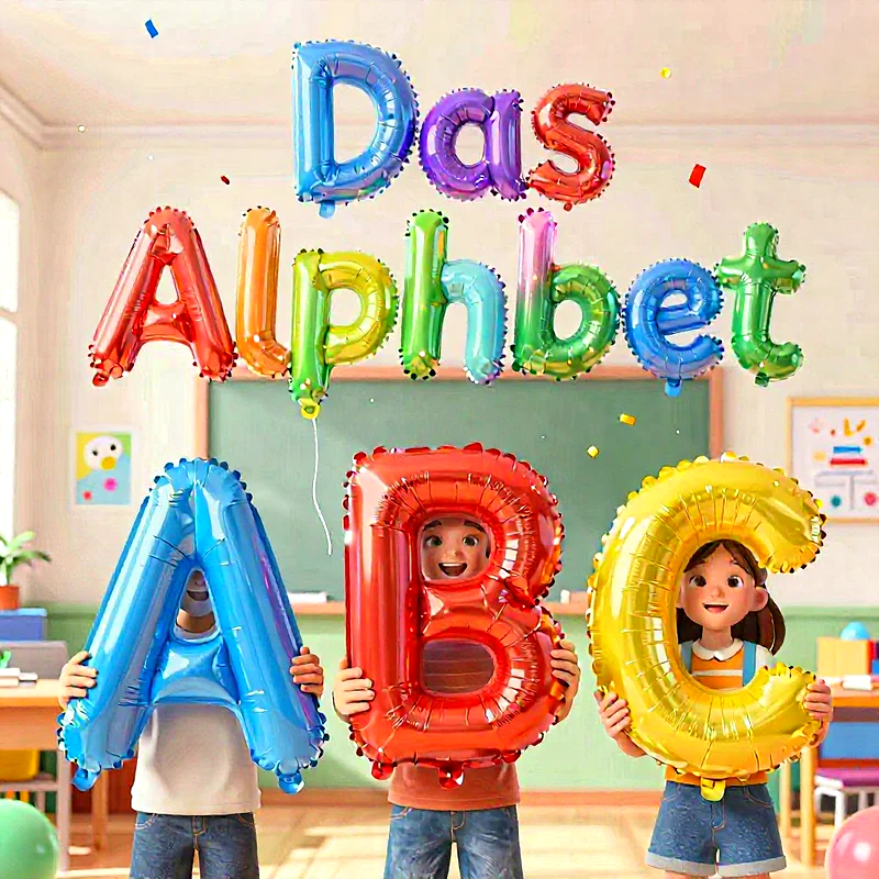 Drei fröhliche Kinder halten riesige bunte Buchstabenballons (A, B, C) in einem hellen Klassenzimmer. Über ihnen schweben Regenbogen-Folienballons, die „Das Alphabet“ buchstabieren. Konfetti schwebt in der Luft.