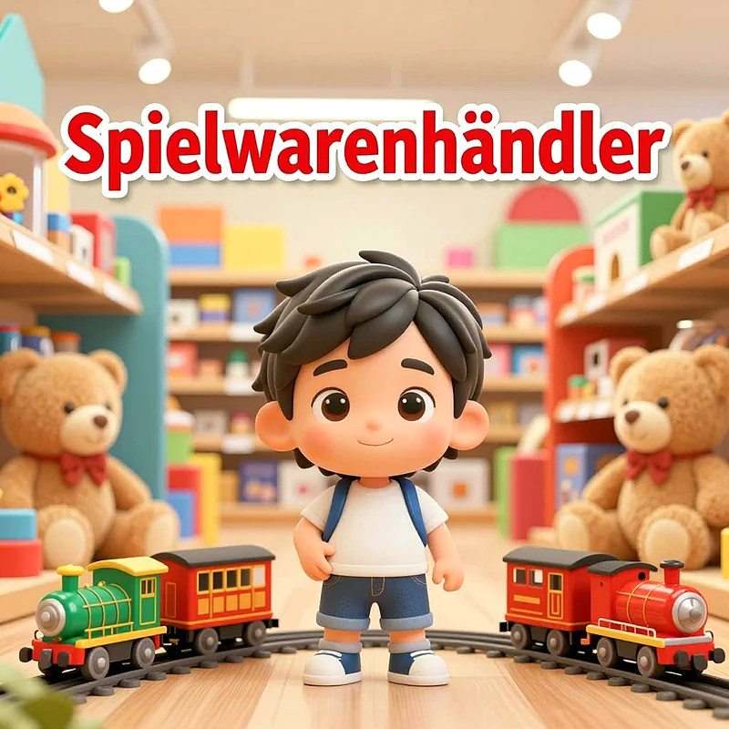 Ein Cartoon-Junge mit Rucksack steht lächelnd in einem hellen Spielwarengeschäft. Vor ihm auf Schienen zwei Spielzeugeisenbahnen. Im Hintergrund Regale voller Spielzeug und zwei Teddybären. Roter Text: 'Spielwarenhändler'.