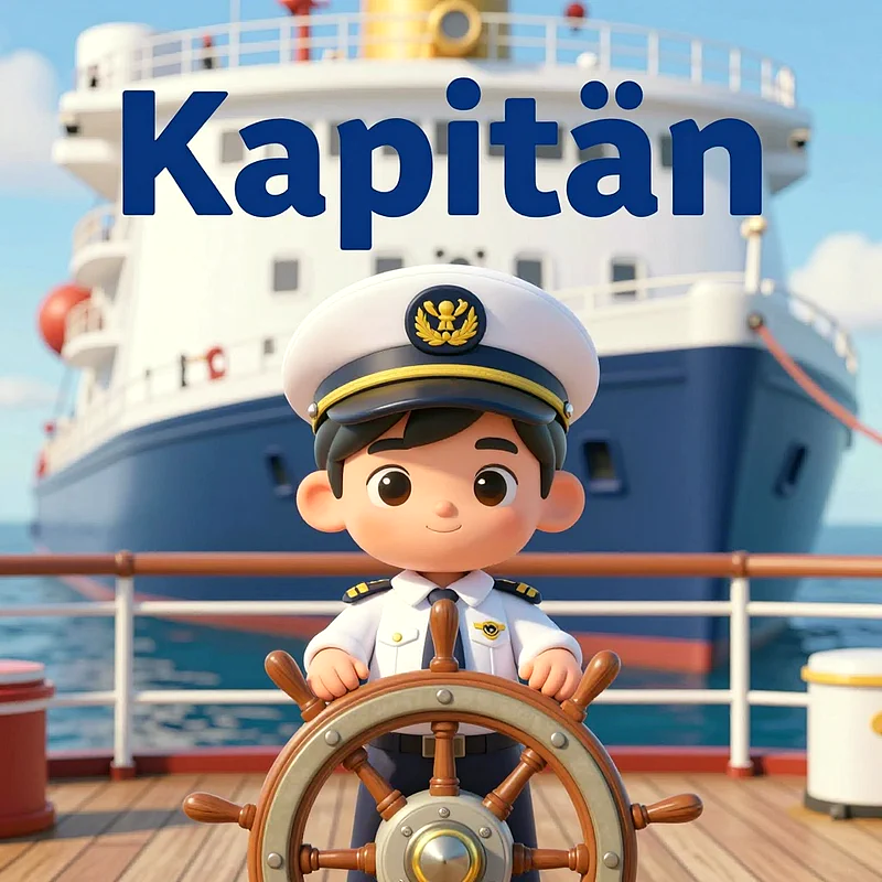 Ein niedliches Cartoon-Kind als lächelnder Kapitän hält ein Steuerrad auf einem Holzdeck. Im Hintergrund ist ein großes blau-weißes Passagierschiff unter klarem Himmel zu sehen. Der Schriftzug „Kapitän“ erscheint deutlich.