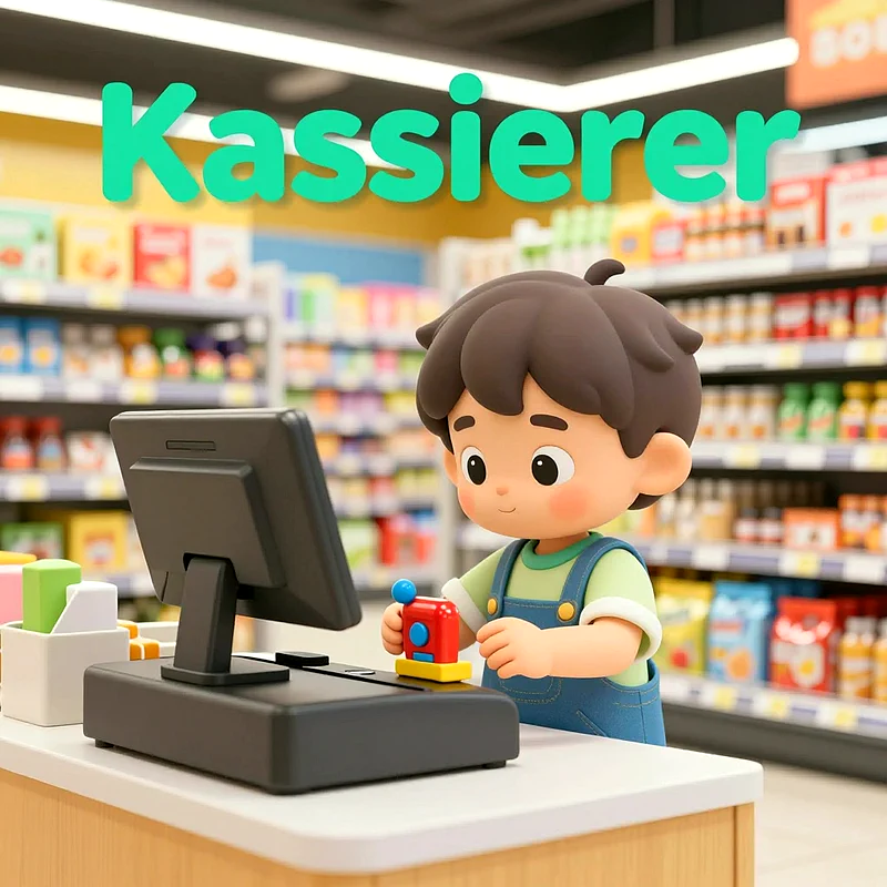 Ein niedlicher Cartoon-Junge in Latzhose spielt an einer Spielzeugkasse in einem bunten Supermarkt. Er drückt einen roten Artikel. Im Hintergrund volle Regale. Das Wort 'Kassierer' steht hellgrün über der Szene.