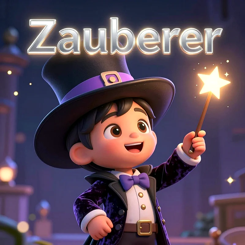 Ein fröhlicher, kleiner Junge im Zaubererkostüm mit Zylinder und lila Fliege hält einen leuchtenden Sternenzauberstab. Er lächelt erwartungsvoll in einer magischen Szenerie.