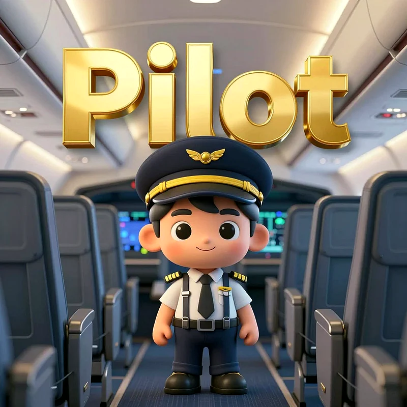 Ein niedlicher Cartoon-Junge im Pilotenuniform mit Mütze steht lächelnd im Gang eines Flugzeugs. Goldene Buchstaben darüber formen das Wort „Pilot“. Im Hintergrund ist das Cockpit leicht zu erkennen.