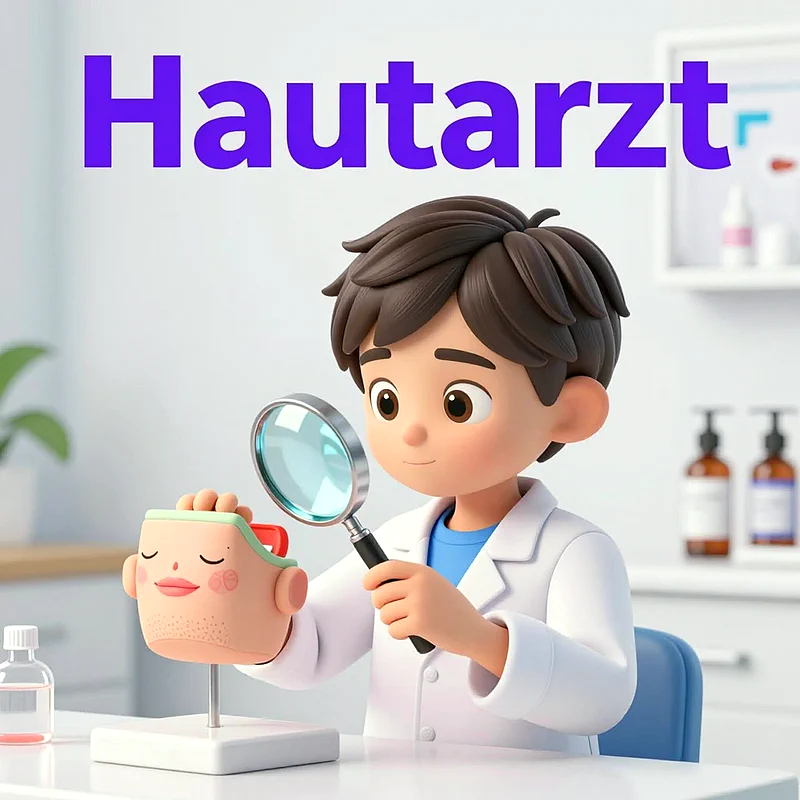 Ein Cartoon-Junge in einem weißen Arztkittel betrachtet mit einer Lupe ein rosafarbenes Hautmodell. Im Hintergrund sind Regale mit Flaschen und medizinische Utensilien erkennbar.