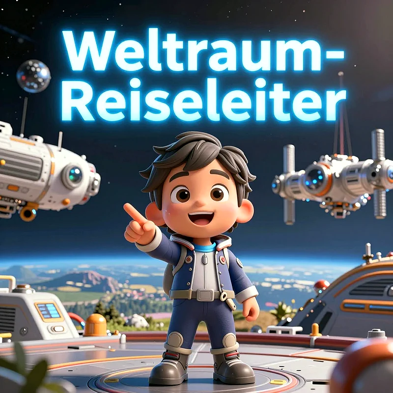 Ein lächelnder Cartoon-Junge in einem blauen Astronautenanzug zeigt mit dem Finger nach oben, während er auf einer futuristischen Plattform steht. Im Hintergrund sind Raumschiffe und eine planetenähnliche Landschaft zu sehen. Über ihm leuchtet der Text "Weltraum-Reiseleiter".