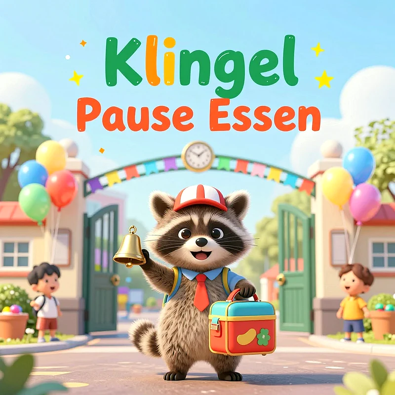 Ein süßer, cartoonhafter Waschbär in Schuluniform läutet eine goldene Glocke und hält eine Brotdose. Er steht vor einem bunten Schulportal mit Uhr, umgeben von Ballons und lachenden Kindern.