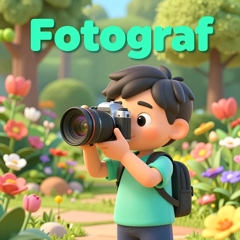 Ein Cartoon-Junge mit dunklem Haar und türkisem Shirt, einen Rucksack tragend, hält eine große Kamera ans Auge. Er steht in einem blühenden Garten mit Bäumen im Hintergrund. Das Wort 'Fotograf' schwebt grün im Bild.
