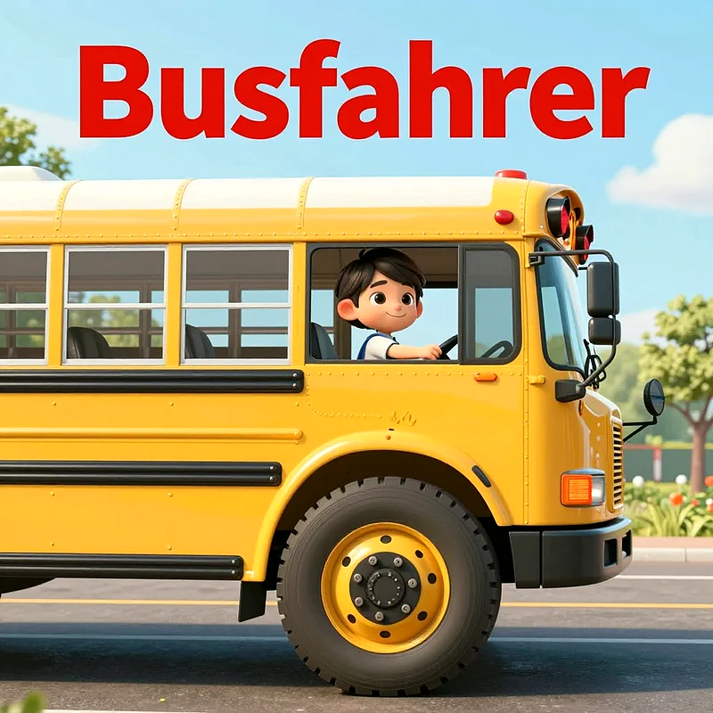 Ein lächelndes Cartoon-Kind mit dunklen Haaren sitzt im gelben Schulbus am Steuer. Der helle Himmel, grüne Bäume und Blumen bilden den Hintergrund. Das Kind trägt ein blau-weißes Oberteil und repräsentiert den aufregenden Schulstart.