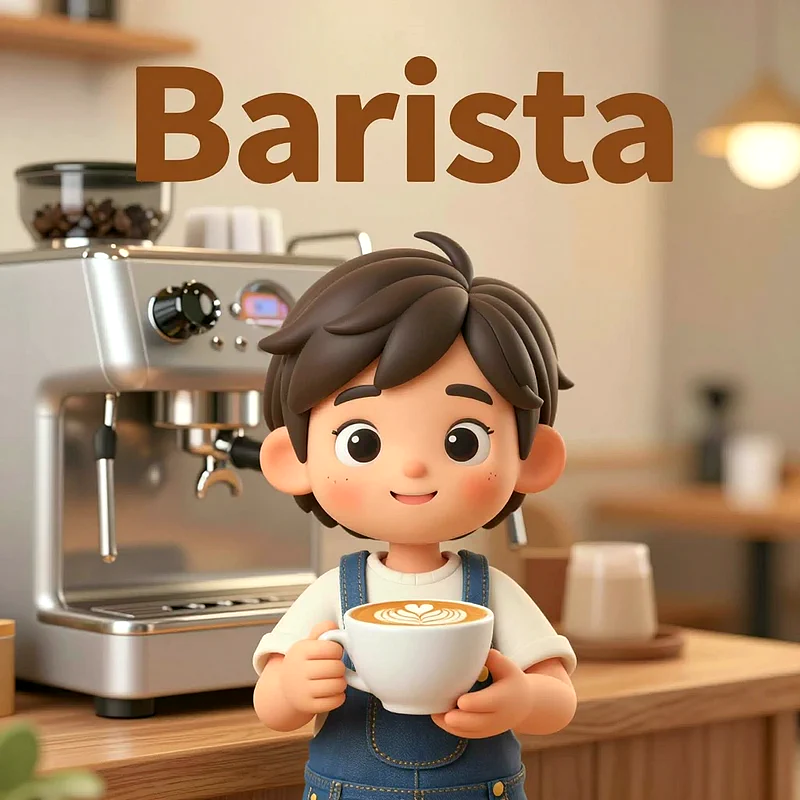 Ein süßer 3D-Cartoon-Junge mit braunen Haaren und Sommersprossen, der eine Kaffeetasse mit Latte Art vor einer Espressomaschine hält. Er trägt eine weiße Bluse und eine Jeanslatzhose.