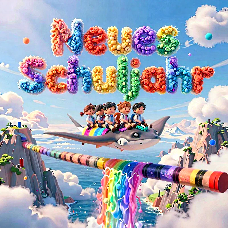 Sechs lachende Kinder sitzen auf einem fliegenden Rochen, der über einer farbenfrohen Landschaft schwebt. Bunte Regenbogen-Röhren transportieren leuchtende Flüssigkeit zwischen Inseln. "Neues Schuljahr" erscheint in strukturierten, fröhlichen Buchstaben am strahlenden Himmel.