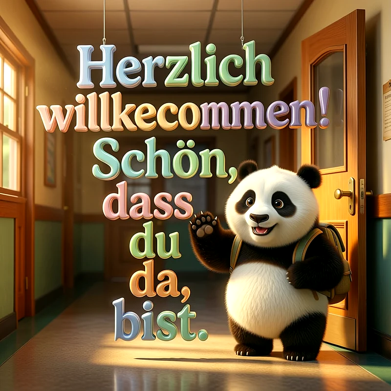 Ein lächelnder Cartoon-Panda mit Rucksack winkt in einem sonnigen Schulflur. Im Vordergrund schweben bunte 3D-Buchstaben mit der Aufschrift 'Herzlich willkommen! Schön, dass du da, bist.' über dem Boden.