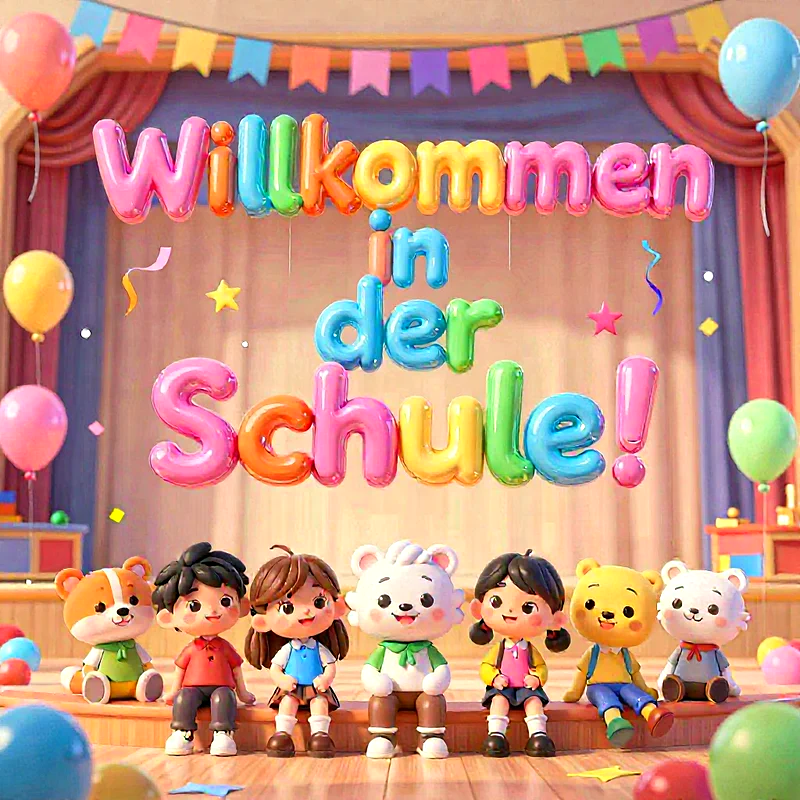 Eine festliche Bühne schmückt sich mit bunten Ballons und Wimpelketten. Die Aufschrift „Willkommen in der Schule!“ in farbigen Ballonbuchstaben dominiert. Davor sitzen sechs niedliche Zeichentrickfiguren: drei Kinder und drei Bären.