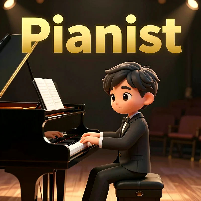 Ein süßer, animierter Junge im Anzug sitzt an einem schwarzen Flügel und spielt Klavier. Goldene Buchstaben darüber formen das Wort „Pianist“. Er blickt lächelnd nach vorn, während er die Tasten berührt.