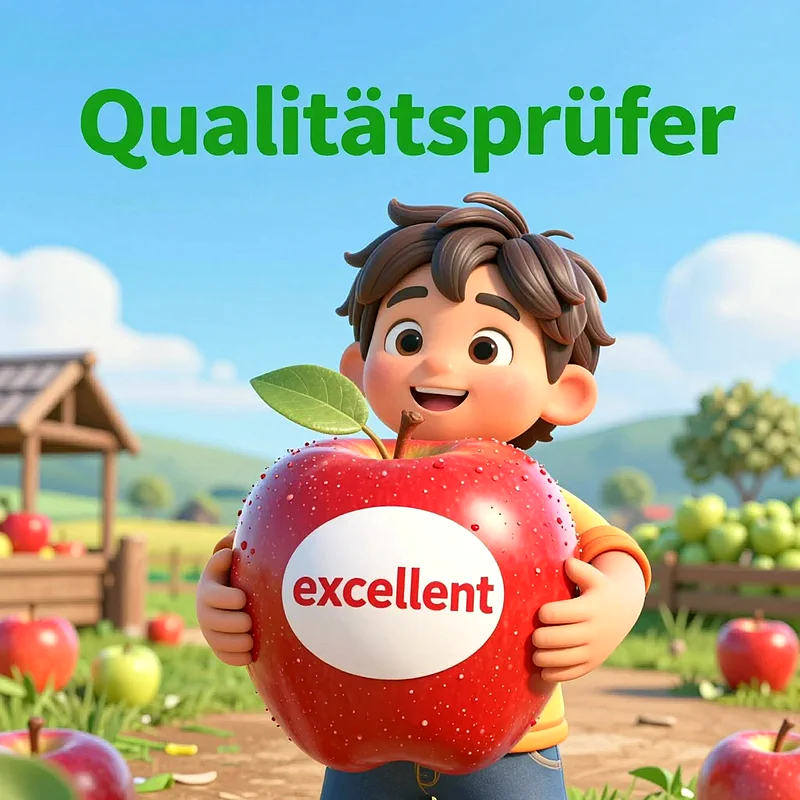 Ein fröhlicher Cartoon-Junge mit braunen Haaren und gelbem Shirt hält einen großen, glänzenden roten Apfel. Auf dem Apfel steht in Weiß "excellent". Er lächelt vor einer grünen Wiese mit Apfelbäumen und blauem Himmel.