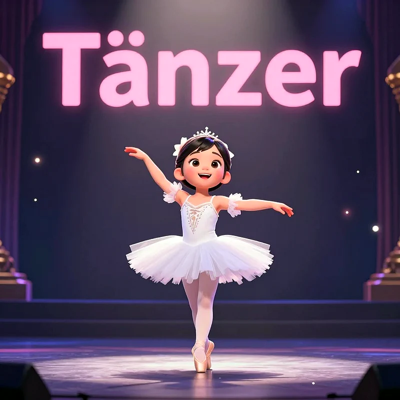 Eine entzückende 3D-animierte Ballerina steht anmutig auf Zehenspitzen auf einer dunklen Bühne. Sie trägt ein weißes Tütü, rosa Strumpfhosen und eine glitzernde Krone. Im Hintergrund leuchtet das Wort "Tänzer" in Pink.