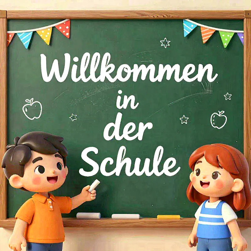 Ein fröhliches Cartoon-Junge und -Mädchen stehen vor einer grünen Tafel. Darauf steht in weißer Schrift ‚Willkommen in der Schule‘, umrahmt von bunten Wimpeln und Kreide-Apfel-Symbolen.